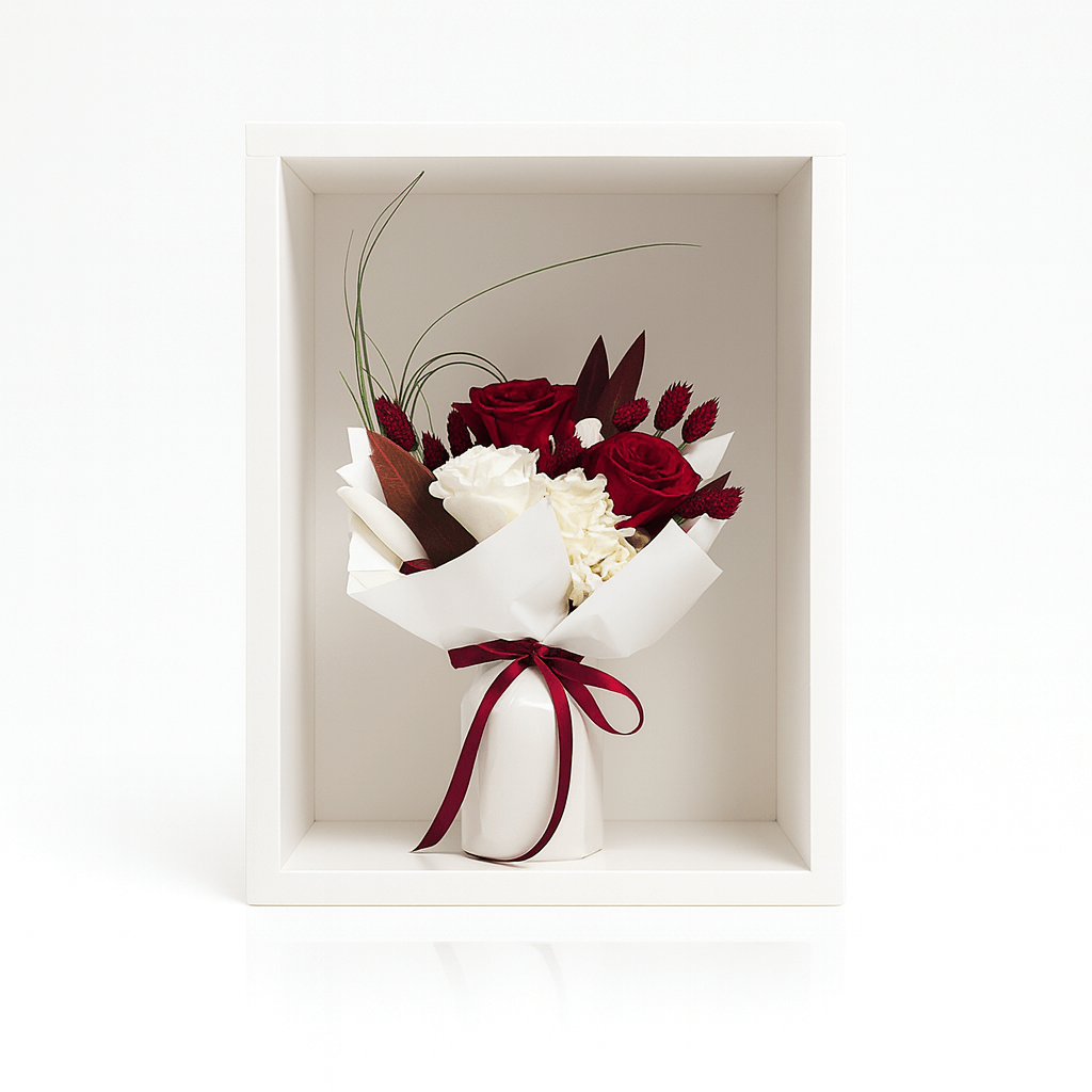 Timeless Duo Rose Bouquet long‑stemmed ivory and ruby red roses Amani London